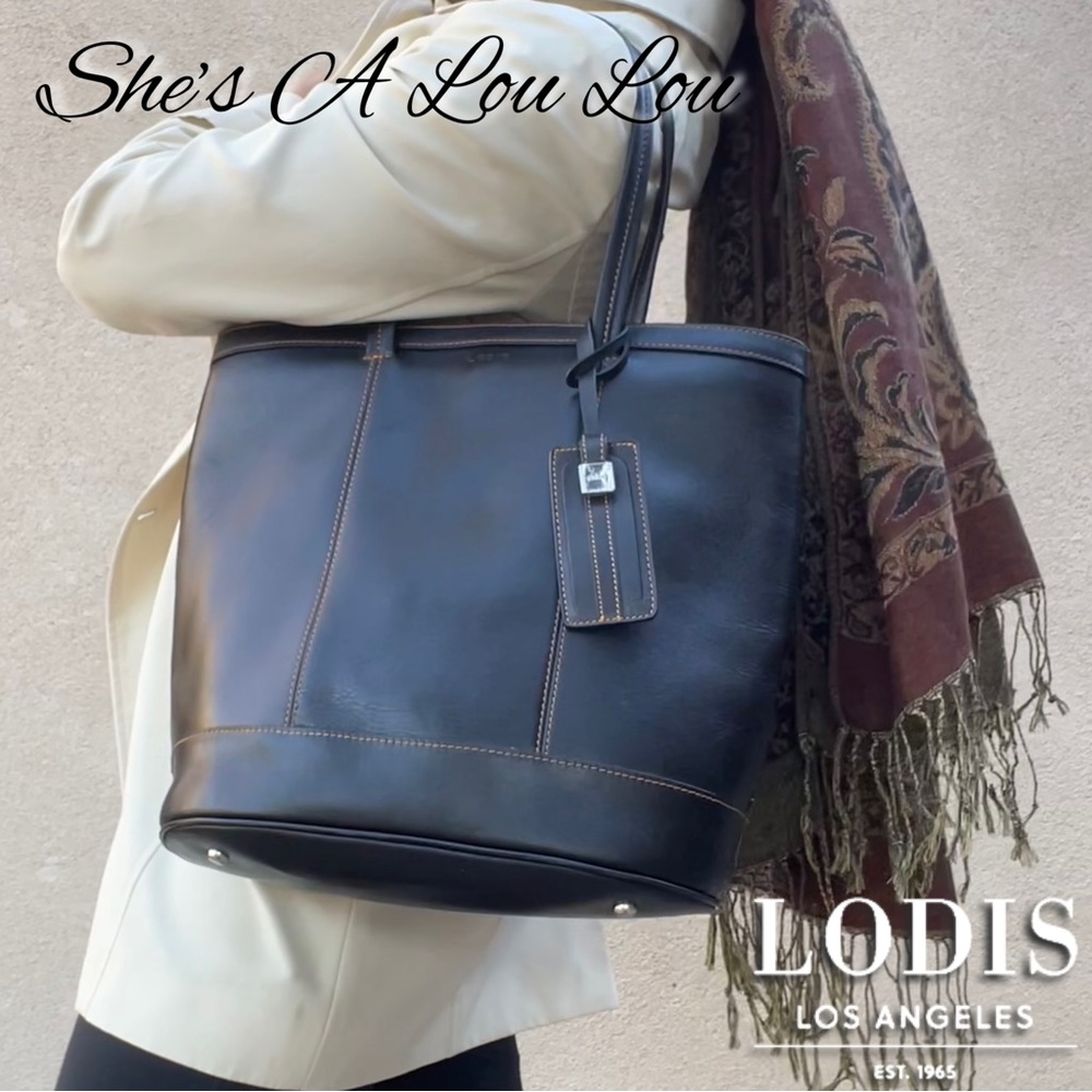 LODIS Rare & Fabulous Black Leather Luggage Tote with Contrast Stitching & Scarf